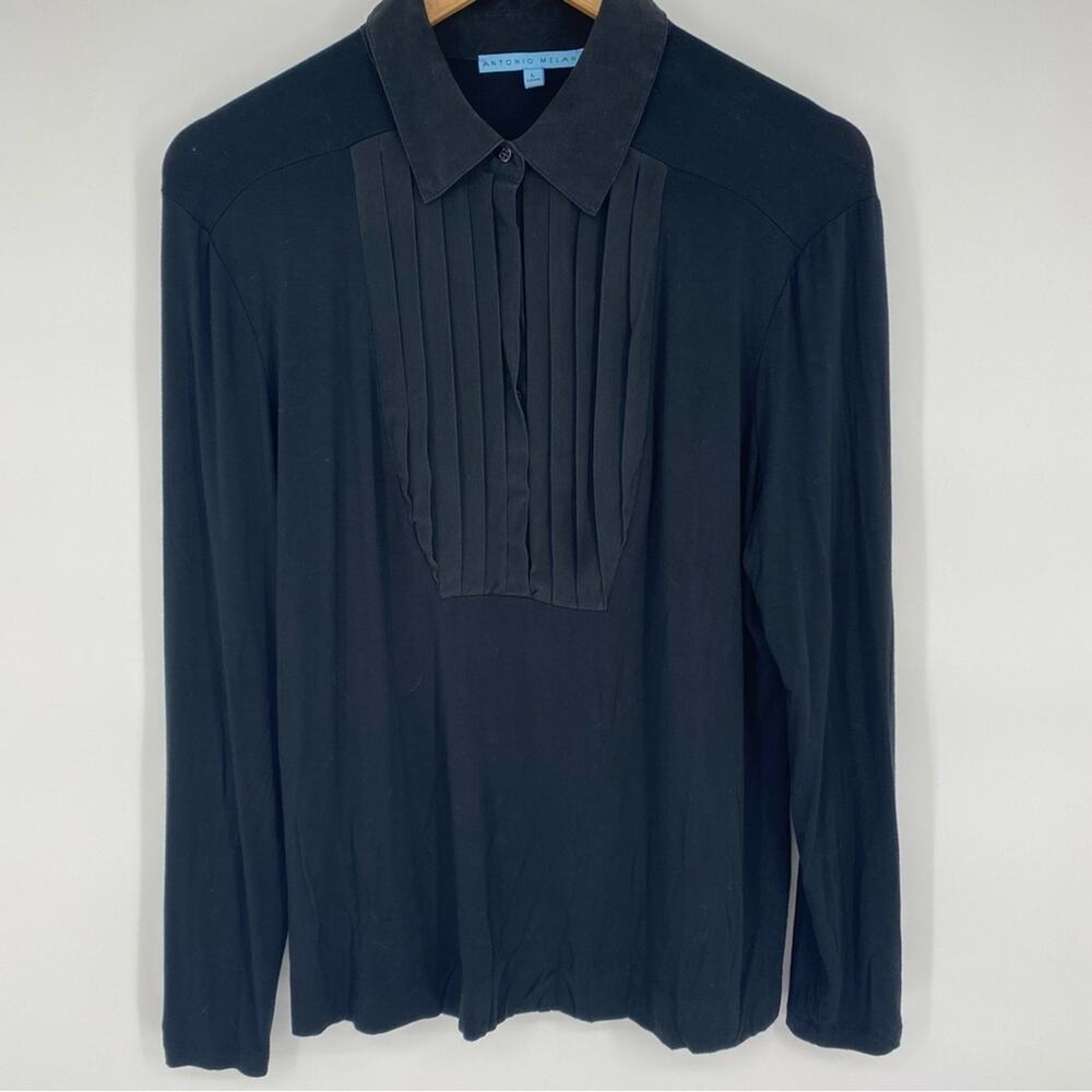 Antonio Melani Women’s Top Tuxedo Style Pin Tucks Quiet Luxury Feminine Black L